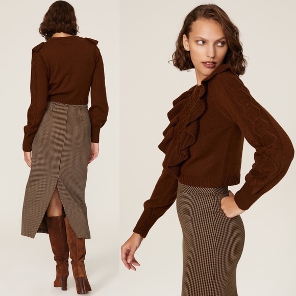 LOUNA Ruffle Trim Lattice V Front Long Puff Sleeve Dark Academia Sweater Size XS - Picture 2 of 8